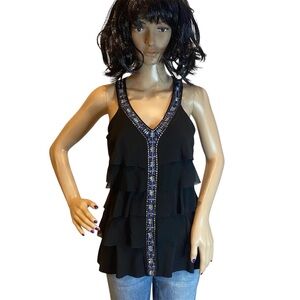 White House Black Market Tiered Black Embellished Sequins Sleeveless Top XS EUC